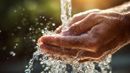 Close-up of hands washing under running water outdoors with sunlight.