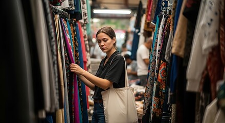Young woman browsing clothes at a vibrant outdoor market aisle filled with clothing