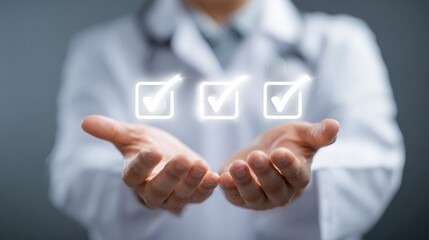 Doctor presenting three checkmarks floating above open hands in a medical setting indoors