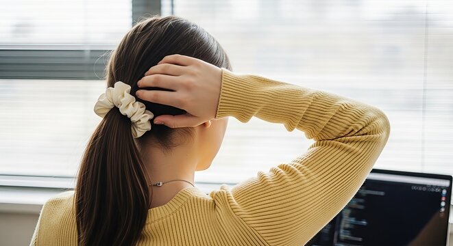 Young woman at computer with hair scrunchie taking a moment of thought and focus