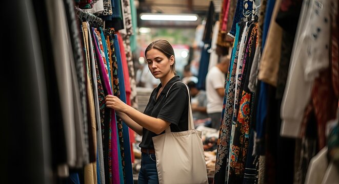 Young woman browsing clothes at a vibrant outdoor market aisle filled with clothing - Powered by Adobe