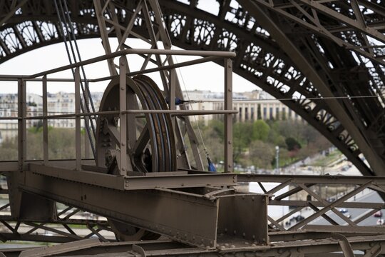 Eiffel Tower, drive wheel for lift, close-up, Paris, &Icirc;le-de-France, France