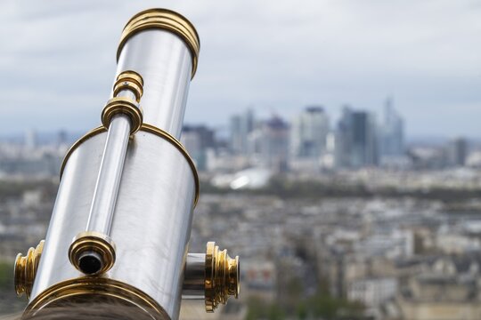 Telescope, view from the Eiffel Tower to the skyscrapers of La Defence, Paris, France