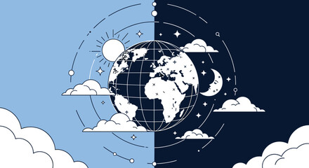 Stylized illustration of the Earth divided into day and night, with celestial elements.