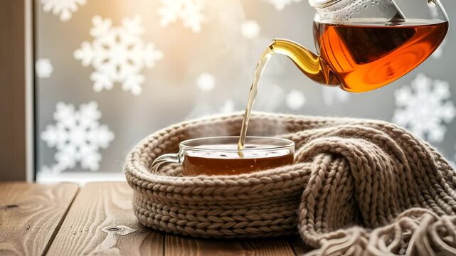 Cozy winter tea pouring into glass cup wrapped in knit blanket warm beverage steam rising against 4K Ai HD high quality video.
