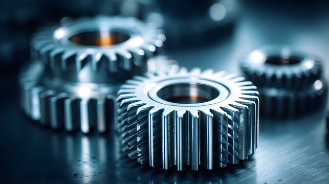 Close-up of metallic gears, industrial machinery components, precision engineering parts, mechanical background, automotive industry elements, manufacturing details.