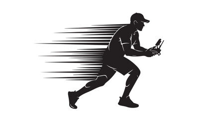 Dynamic silhouette of a man running with a drone controller, conveying speed and innovation in drone technology and modern hobbies, perfect for tech blogs and sports related content
