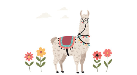 Obraz premium A light-colored llama with a colorful blanket and festive lights stands among flowers and clouds.