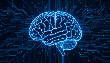 A glowing blue brain with connecting lines on a dark blue background with circuit board pattern
