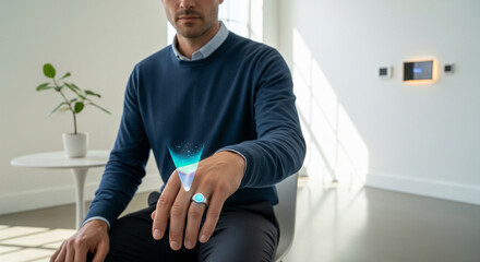 man wearing smart ring sits in modern room, showcasing holographic display emanating from ring. setting is bright and minimalistic, emphasizing technology and innovation
