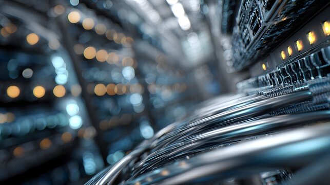 Close-up of server racks with glowing lights and network cables in a data center.