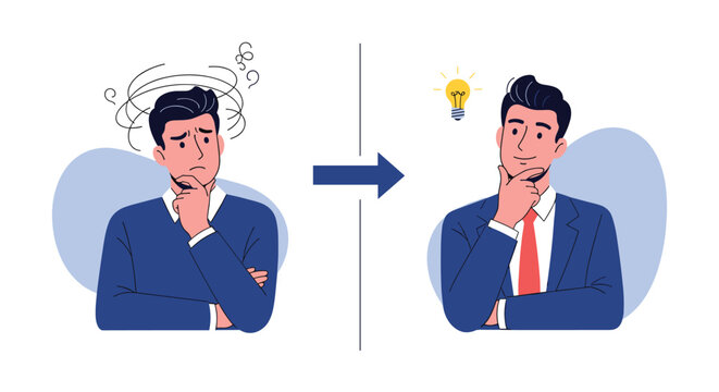 Man goes from confusion and doubt to clarity and inspiration with a bright idea.