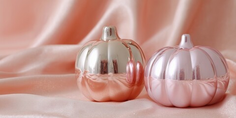 Two metallic pumpkins in rose gold and blush tones with a chrome bat ornament on soft satin fabric. The pastel colors and reflective surfaces create a luxurious and modern Halloween aesthetic.