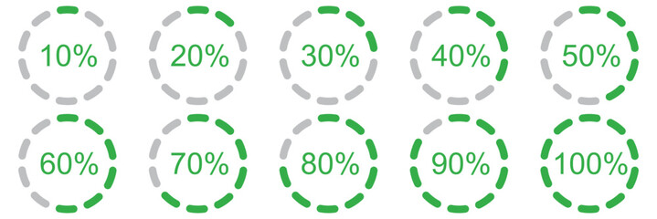 Percentage infographics minimal elements. Round diagrams icons for infographics from 0 to 100 percent. divided pie charts indicator layout. Circle graph loading progress mockup Round pie chart templat