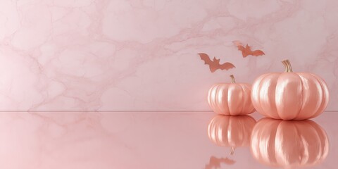 Two metallic pumpkins in rose gold and blush tones with a chrome bat ornament on soft satin fabric. The pastel colors and reflective surfaces create a luxurious and modern Halloween aesthetic.