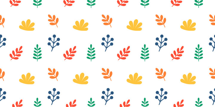 Minimalist floral seamless pattern with colorful leaves and botanical elements. Perfect for fabric, wrapping paper, stationery, textiles and modern surface design.
