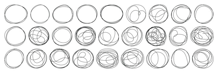 Pencil hand drawn crayon outline ovals or ellipses set. Highlight oval rough sketch circle emphasis elements. Vector marker circular lines. Messy circular vector image. Abstract scribble Round Line.