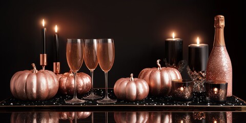 Elegant Halloween celebration setup featuring rose gold pumpkins, black candles, sparkling champagne glasses, and a glittering bottle on a reflective surface. The scene combines luxury and festive