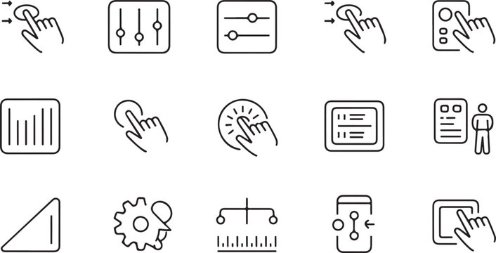 Outline icons show a hand interacting with interface elements in a transparent background