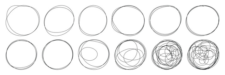 Pencil hand drawn crayon outline ovals or ellipses set. Highlight oval rough sketch circle emphasis elements. Vector marker circular lines. Messy circular vector image. Abstract scribble Round Line.