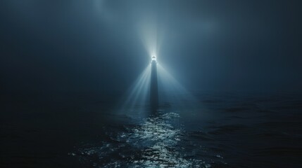 A Serene Lighthouse Standing Tall Amidst a Foggy Sea, Illuminating the Darkness with its Radiant Beam and Guiding Ships to Safety in the Night