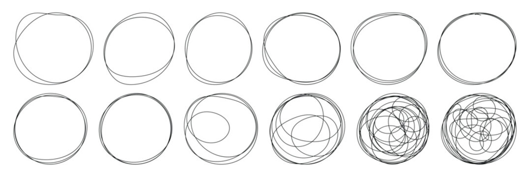 Pencil hand drawn crayon outline ovals or ellipses set. Highlight oval rough sketch circle emphasis elements. Vector marker circular lines. Messy circular vector image. Abstract scribble Round Line.