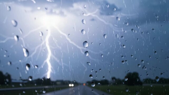 Dramatic lightning strike during a heavy thunderstorm seen through a wet car window on a highway for a natural disaster concept and dangerous journey