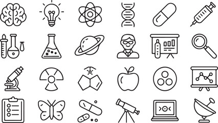Fototapeta premium Science related icon set with telescope, laptop, brain, lightbulb, and pills represents research