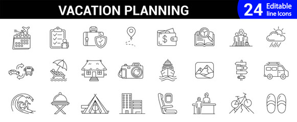 Vacation planning line icons collection. 24 Editable outline airplane, trip, building, schedule, map, adventure and more. Travel related icons. Vector illustration