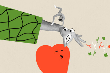 Creative full artwork collage of happy girl do handstand heart emoji donor-ship valentine day sticker social network like