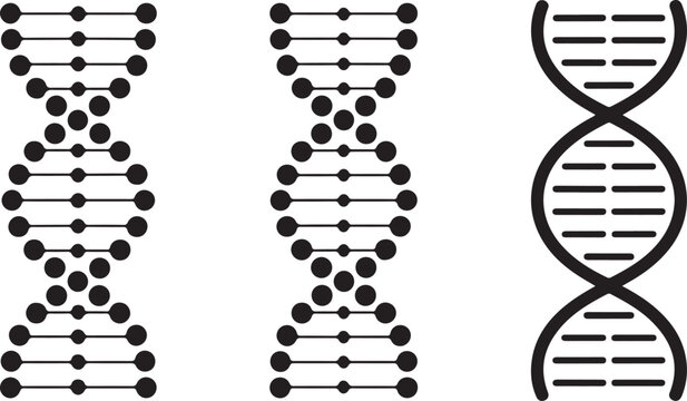 Three variations show a stylized double helix DNA molecule in black against white