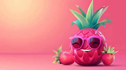 A Cheerful Cartoon Pineapple Character Dressed in Pink Sunglasses, Surrounded by Fresh Strawberries Against a Vibrant Pink Background