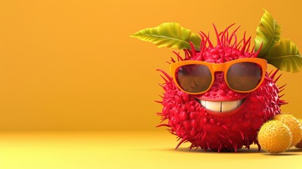 A Playful, Cartoonish Red Creature Sporting Sunglasses and Leafy Accessories Against a Bright Yellow Background