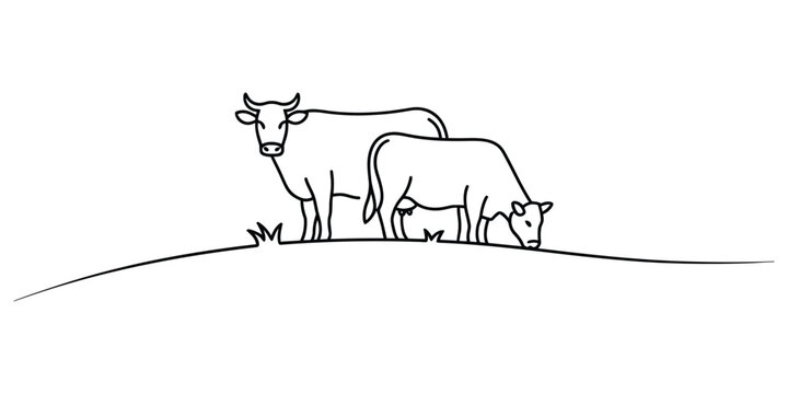 Simple line drawing of two cows, one standing, one grazing.
