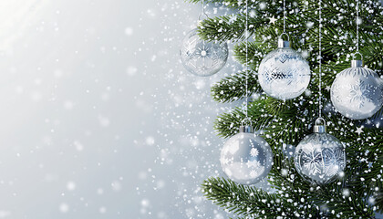 Celebrate the season with bright Christmas tree ornaments and falling snowflakes