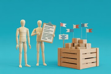 Conceptual illustration of international trade and logistics, with wooden mannequins inspecting a shipment of goods from France