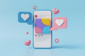3D Render of a Smartphone with Social Media Icons and Hearts
