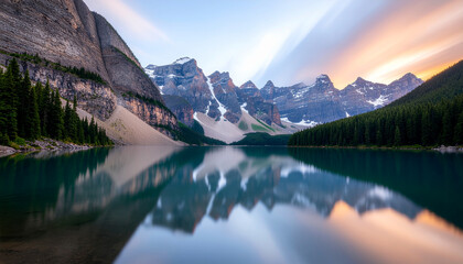 Calm lake reflects majestic mountains and sky, creating a serene landscape scene.