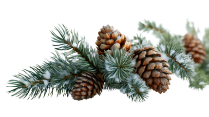 A snowy pine branch with brown cones isolated on a white background, a green fir twig with frost, a natural winter evergreen plant, a Christmas decoration object, a cold season close-up.