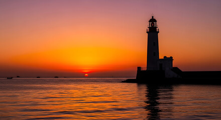 Lighthouse silhouetted against vibrant sunset paints serene coastal scene with horizon glow