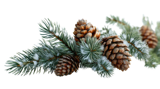 A snowy pine branch with brown cones isolated on a white background, a green fir twig with frost, a natural winter evergreen plant, a Christmas decoration object, a cold season close-up.