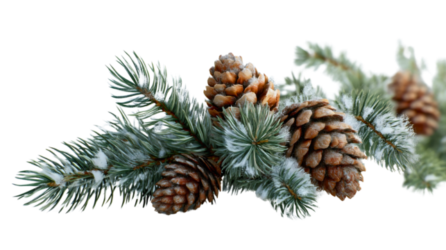 A snowy pine branch with brown cones isolated on a white background, a green fir twig with frost, a natural winter evergreen plant, a Christmas decoration object, a cold season close-up. - Powered by Adobe