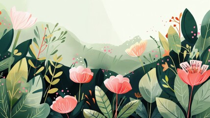 A Vibrant Floral Landscape Featuring Blooming Flowers and Lush Green Leaves in a Serene and Colorful Illustrative Style
