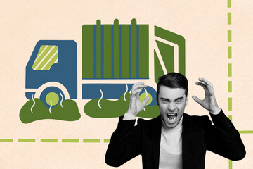 Trend artwork composite banner 3D photo collage of young businessman scream car trash conservation ecosystem volunteer support planet
