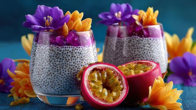 chia pudding with dragon fruit, passion fruit, and edible flowers, artistic tropical food styling, vibrant colors, hig