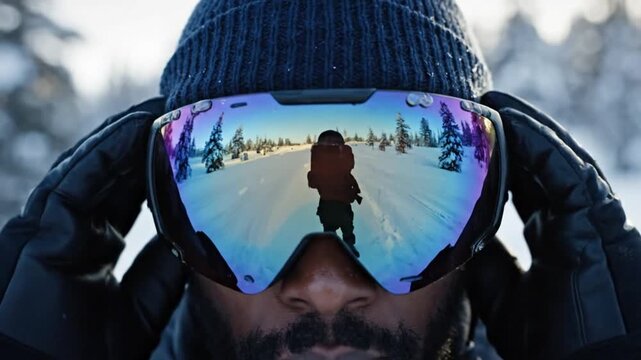 Close-up of a man adjusting ski goggles with a winter landscape reflection. Snowboarder preparing for a journey in the snow. Adventure and exploration concept