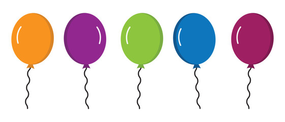 Balloons set in flat cartoon style. Colorful balloons isolated on white background. Vector illustration for birthday or holiday.