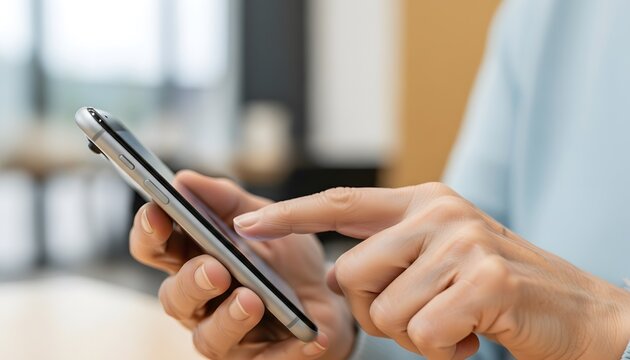 Woman hand holding smartphone. Person scrolling touchscreen. Digital communication, mobile app marketing content.