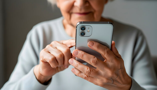 Elderly woman using modern smartphone, learning new technology. Senior person embracing digital communication for connection.