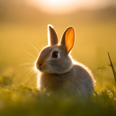 Cute Bunny Sitting on Grass in Warm Golden Sunlight
